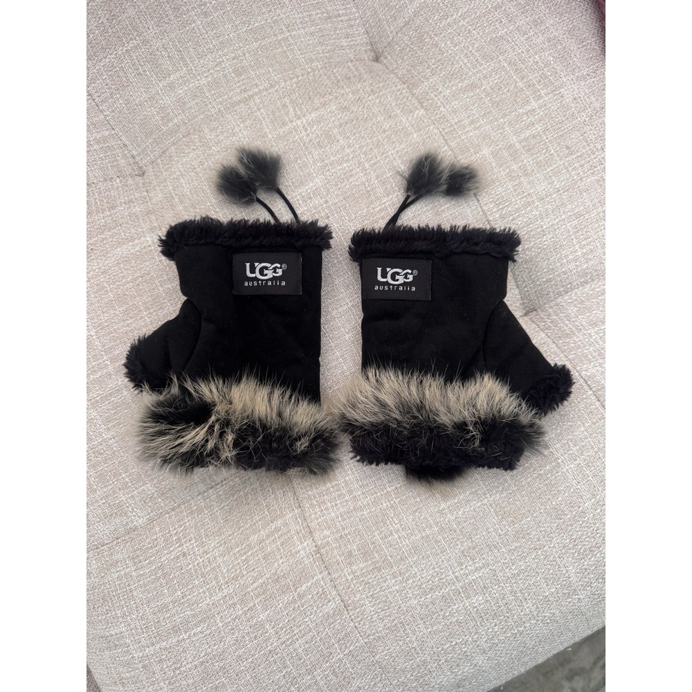 Ugg Australia Women Fingerless Gloves ONE SIZE Black With Fur Trim